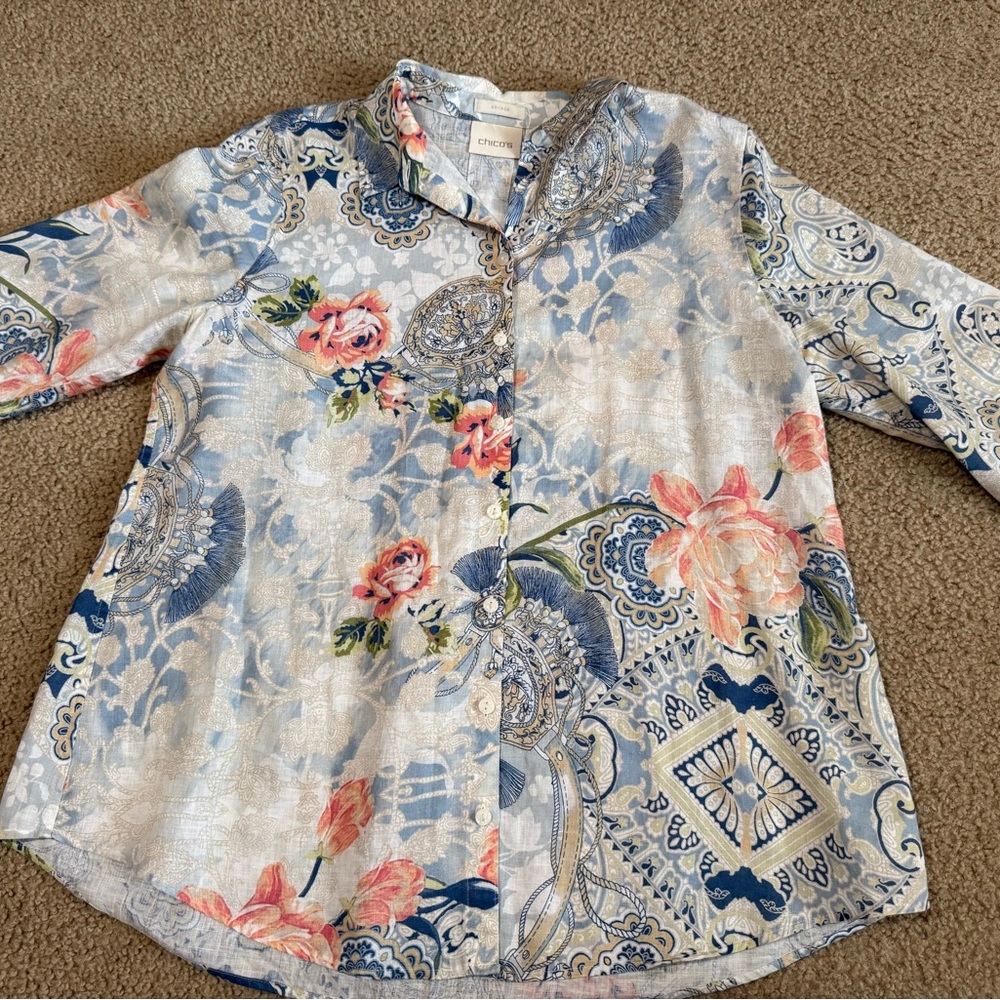 Chico's Linen Floral Paisley Shirt -  3/4 sleeve